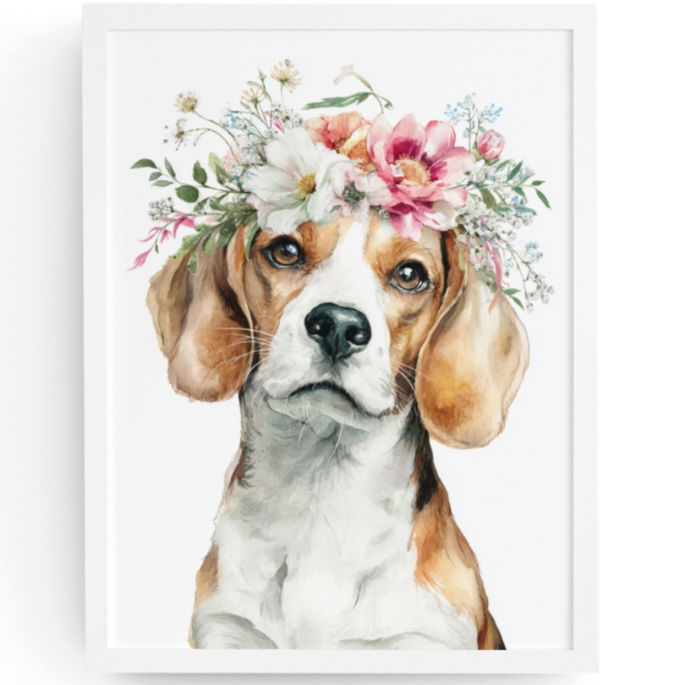 Watercolor Beagle Dog Wall Art Print – Floral Crown Dog Illustration | Unframed